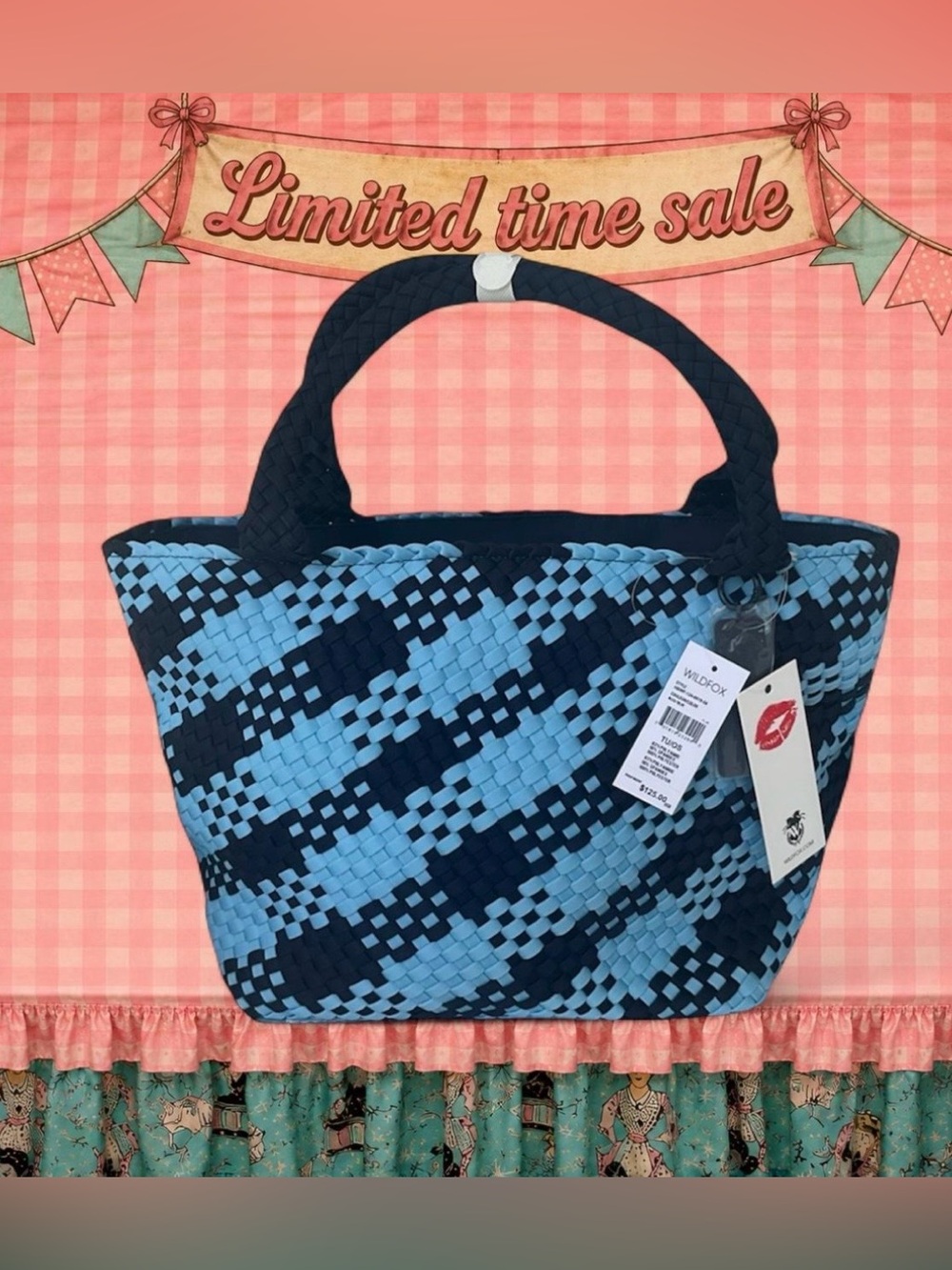 Wildfox Large Blue Navy Neoprene Woven Double Handle Tote Bag NWT